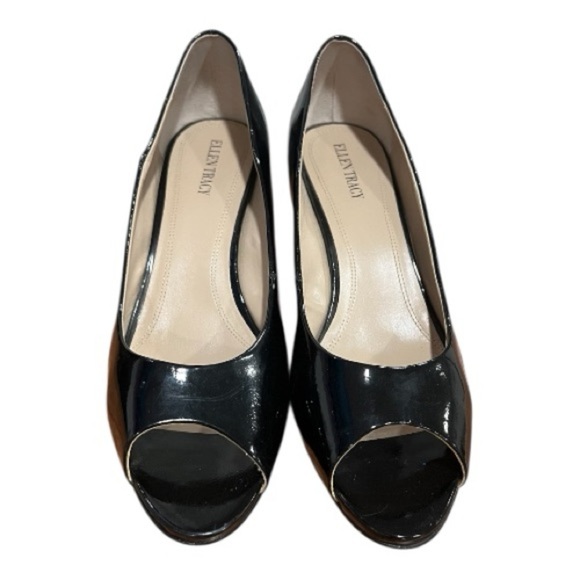 Ellen Tracy Black Patent Leather Peep Toe Heels Size 11M Classic Chic - Picture 3 of 4